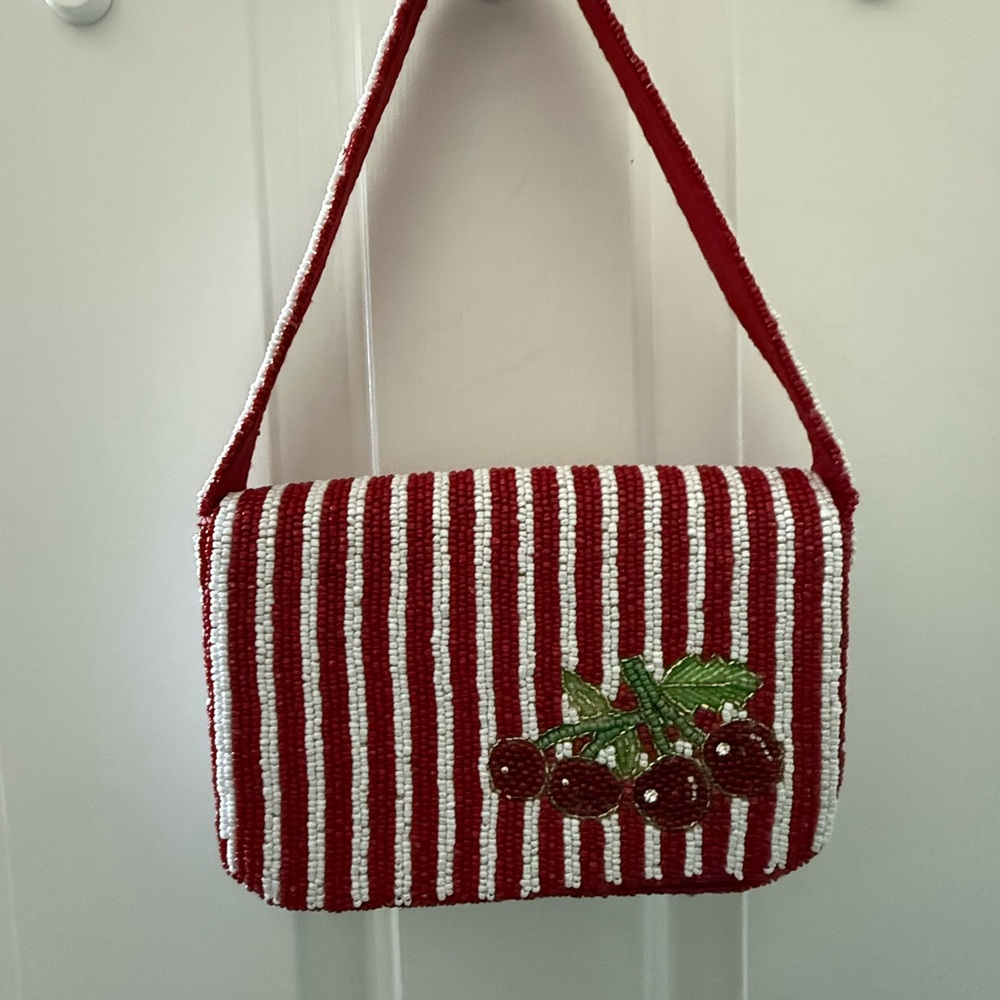 Cherry Embroidered Red and White Striped beaded bag